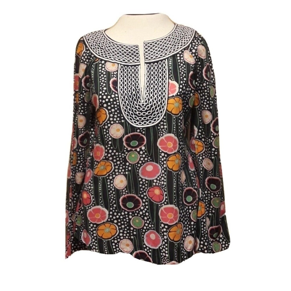 Tory Burch Tunic Top Floral Mod TB Logo Print Embroidered Cotton Size 8